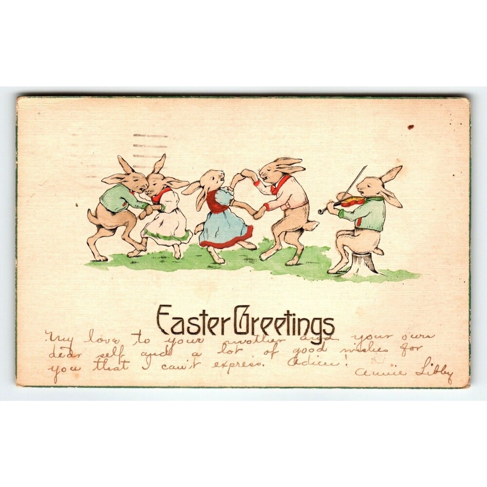 Easter Postcard Tuck Anthropomorphic Fantasy 3311 Dancing Dressed Bunny Rabbits